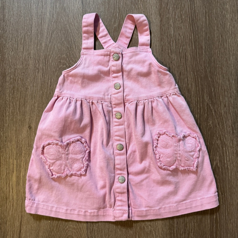 Mayoral Pinafore Dress Girls Size 2 Pink Butterfly Pocket Denim Jumper